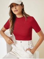 Mock Neck Solid Rib-knit Tee