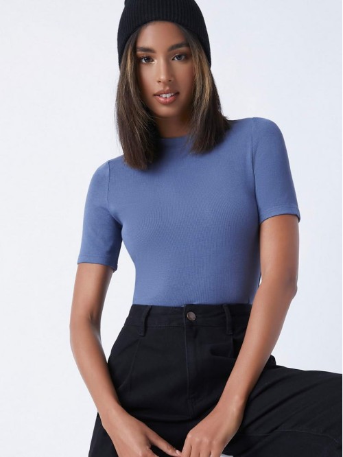 Mock Neck Solid Rib-knit Tee