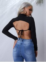 Mock Neck Tied Backless Tee