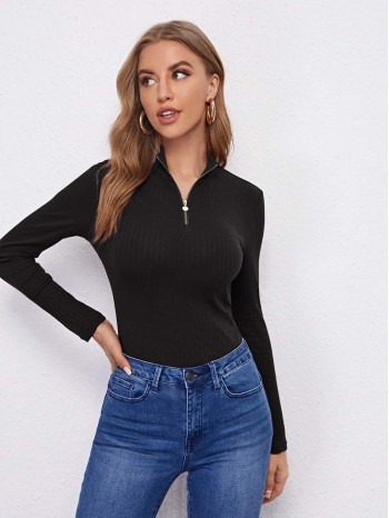 Zip Front Rib-knit Tee