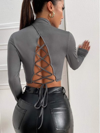 Lace Up Back Stand Collar Slim Tee