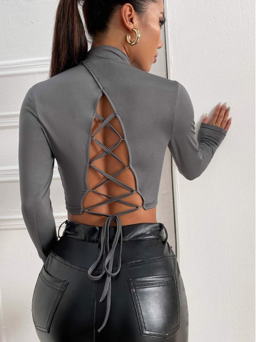 Lace Up Back Stand Collar Slim Tee