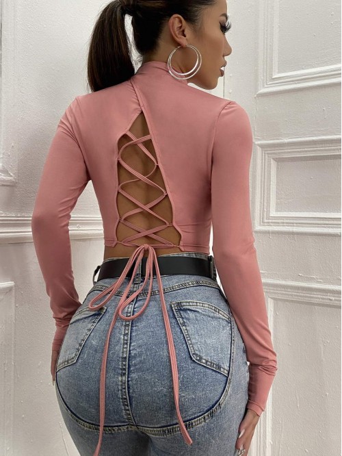 Lace Up Back Stand Collar Slim Tee