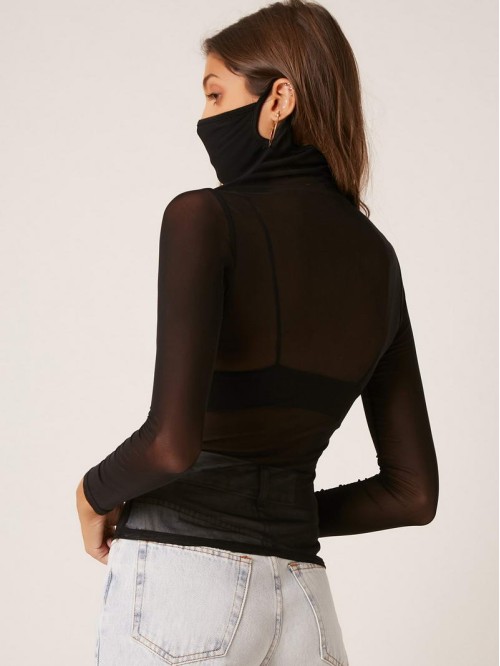 Sheer Mesh Mask Turtleneck Top Without Bra