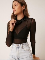 Sheer Mesh Mask Turtleneck Top Without Bra