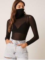 Sheer Mesh Mask Turtleneck Top Without Bra