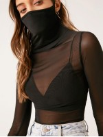 Sheer Mesh Mask Turtleneck Top Without Bra