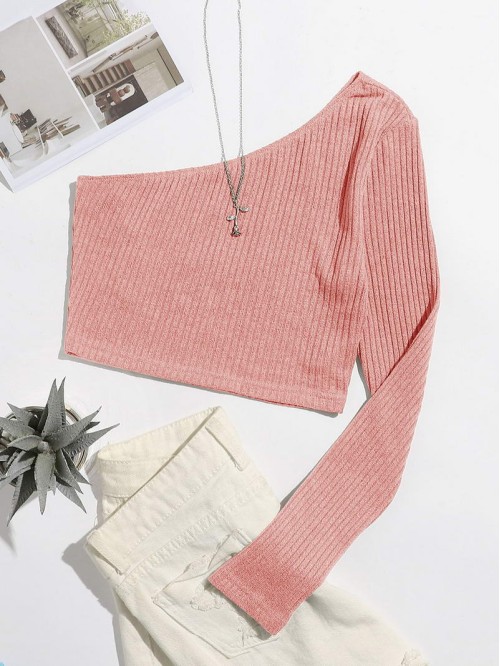 One Shoulder Rib-knit Crop Tee