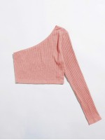 One Shoulder Rib-knit Crop Tee