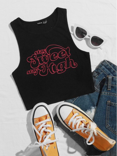 Slogan Graphic Rib-knit Crop Tank Top