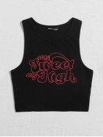 Slogan Graphic Rib-knit Crop Tank Top