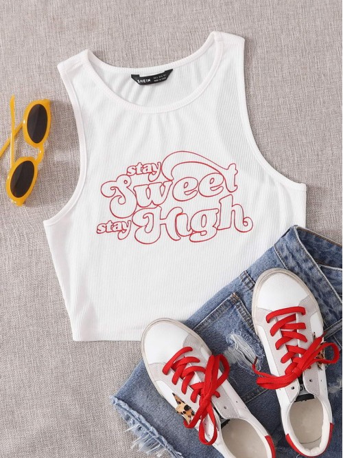 Slogan Graphic Rib-knit Crop Tank Top