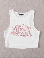 Slogan Graphic Rib-knit Crop Tank Top