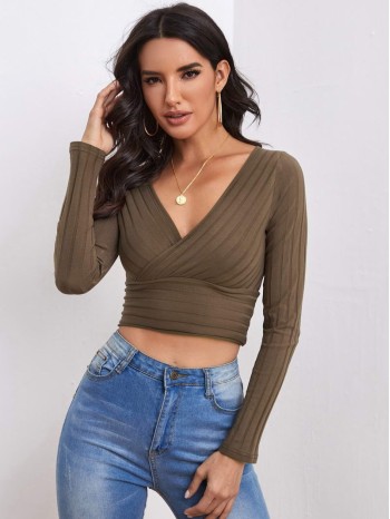 Plunging Neck Rib-knit Slim Tee