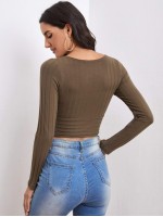 Plunging Neck Rib-knit Slim Tee