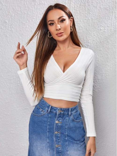 Surplice Neck Rib-knit Solid Crop Tee