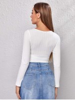 Surplice Neck Rib-knit Solid Crop Tee