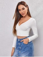 Surplice Neck Rib-knit Solid Crop Tee