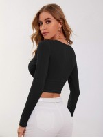 Surplice Neck Rib-knit Crop Tee