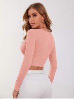 Surplice Neck Rib-knit Crop Tee