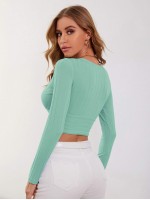 Surplice Neck Rib-knit Crop Tee