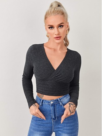 Plunging Neck Rib-knit Slim Tee