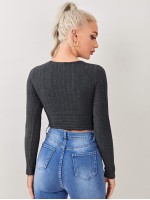 Plunging Neck Rib-knit Slim Tee