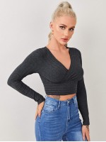 Plunging Neck Rib-knit Slim Tee