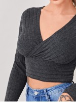 Plunging Neck Rib-knit Slim Tee