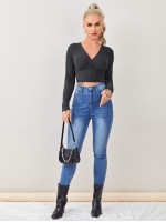 Plunging Neck Rib-knit Slim Tee