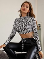 Mock Neck Tie Front Backless Zebra Stripe Crop Tee