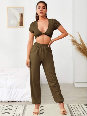 Plunge Neck Twist Hem Crop Top