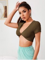 Plunge Neck Twist Hem Crop Top