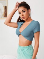 Ribbed Plunging Twist-Front Crop Top