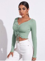 Lettuce Trim Drawstring Ruched Front Solid Tee