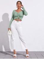 Lettuce Trim Drawstring Ruched Front Solid Tee