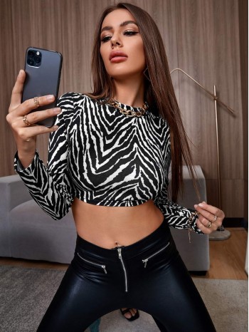 Mock Neck Zebra Stripe Crop Tee