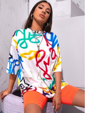 Graffiti Print Dropped Shoulder Tee