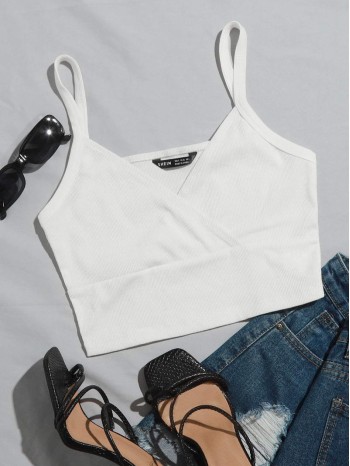 Surplice Neck Rib-knit Crop Cami Top