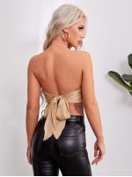 Cowl Neck Tied Open Back Satin Bandana Halter Top