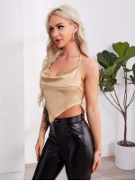 Cowl Neck Tied Open Back Satin Bandana Halter Top