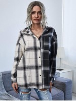 Color-block Plaid Pocket Front Blouse