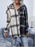 Color-block Plaid Pocket Front Blouse