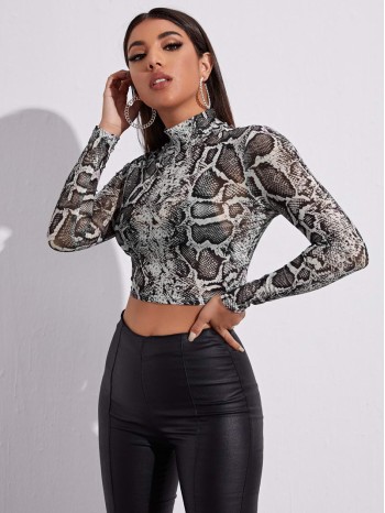 Mock Neck Snakeskin Print Mesh Crop Top