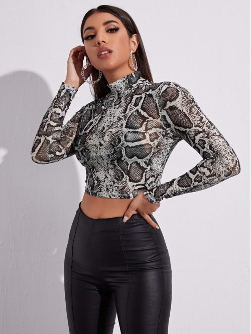 Mock Neck Snakeskin Print Mesh Crop Top