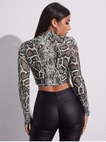 Mock Neck Snakeskin Print Mesh Crop Top