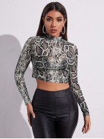 Mock Neck Snakeskin Print Mesh Crop Top