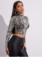 Mock Neck Snakeskin Print Mesh Crop Top