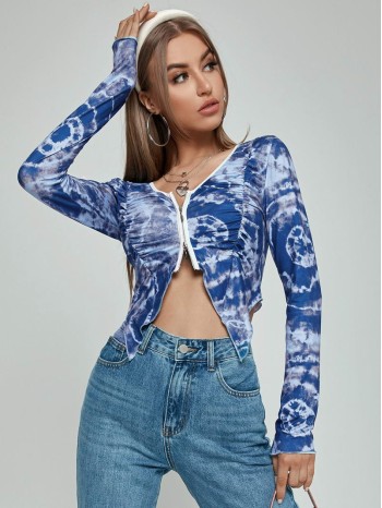 Tie Dye Zip Front Asymmetrical Hem Crop Top