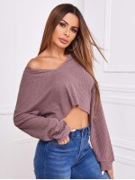 Waffle Knit Split Neck Cropped Tee